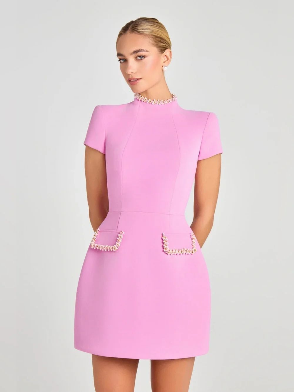 Nadine Merabi Simone Pink Embellished Funnel Neck Mini Dress US 10 Large NWOT